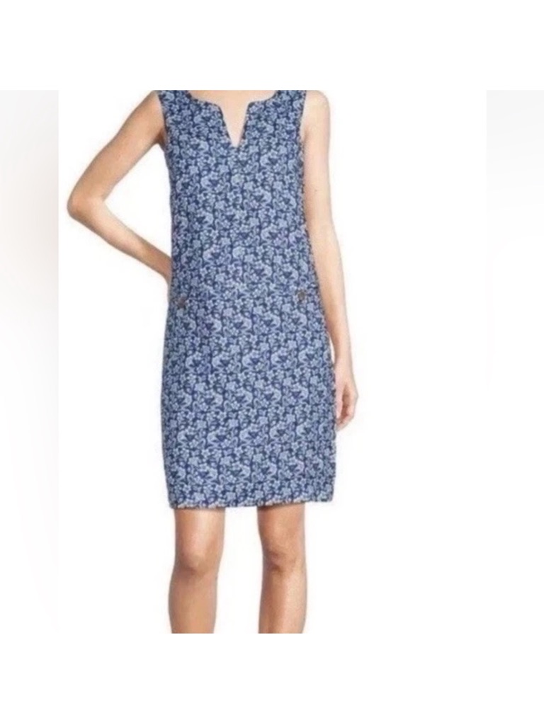 J Mclaughlin Rue Navy Blue 100% Linen Floral Sleeveless Shift Dress Xs Boho